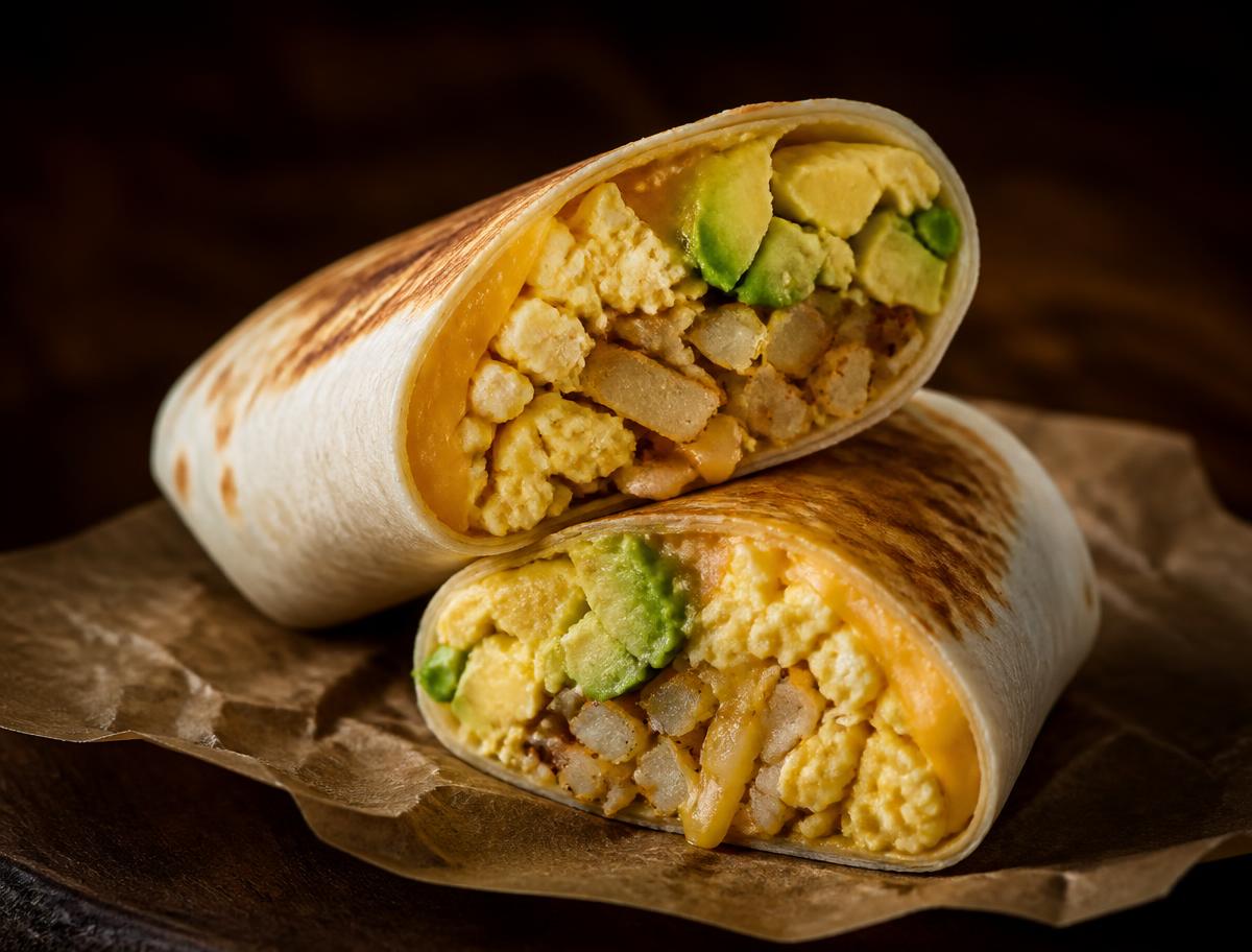 Breakfast burrito cut in half with egg, cheese, avocado and hash brown