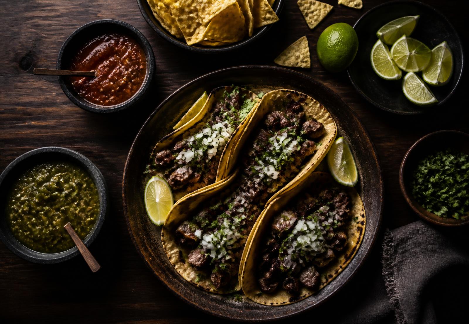Street tacos with salsa roja, salsa verde and lime on a dark wood table